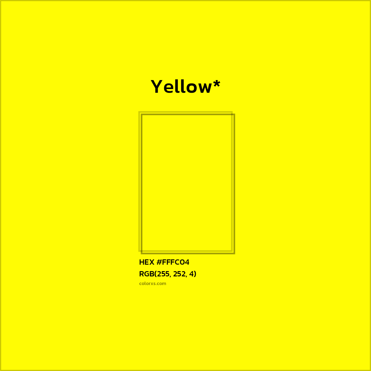 #FFFC04 hex color. RGB, RYB, CMYK, HSL, HSV codes and color conversions. Matching color names, palettes, paints.