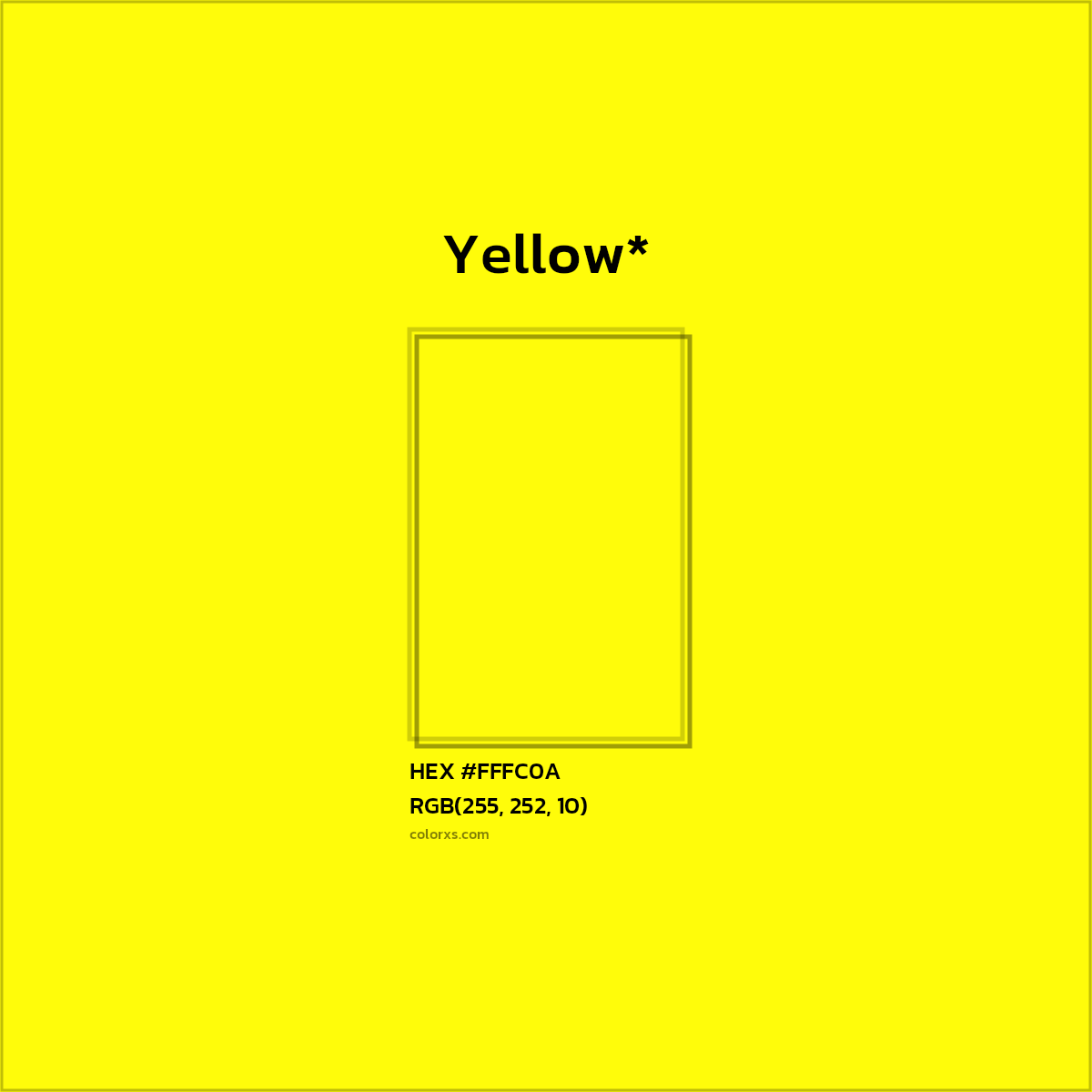 #FFFC0A hex color. RGB, RYB, CMYK, HSL, HSV codes and color conversions. Matching color names, palettes, paints.