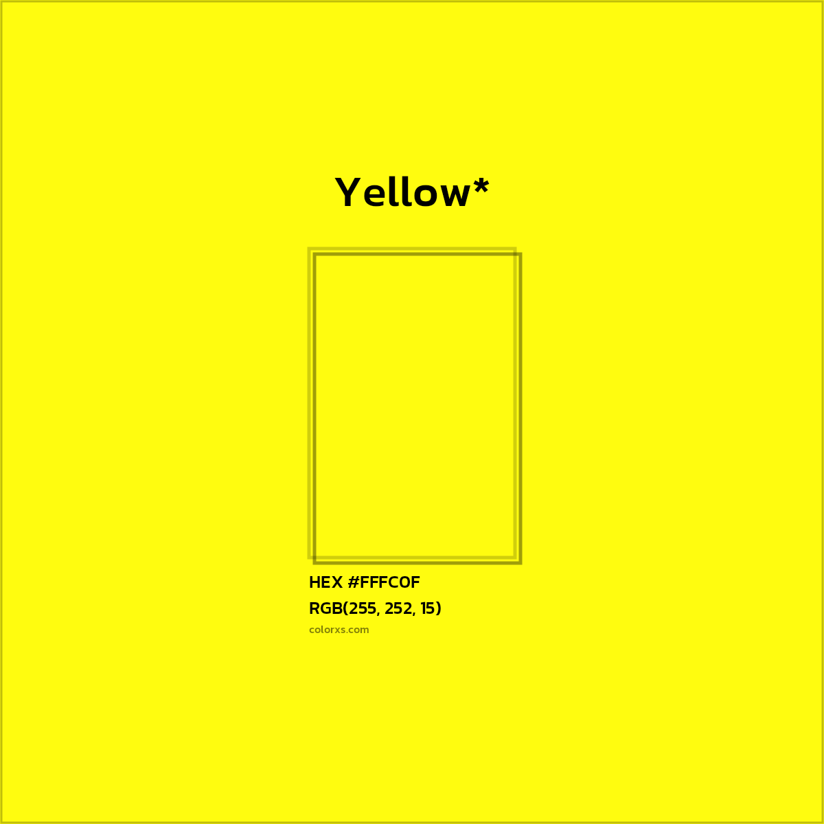 #FFFC0F hex color. RGB, RYB, CMYK, HSL, HSV codes and color conversions. Matching color names, palettes, paints.