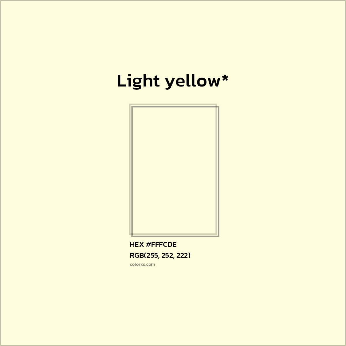 #FFFCDE hex color. RGB, RYB, CMYK, HSL, HSV codes and color conversions. Matching color names, palettes, paints.
