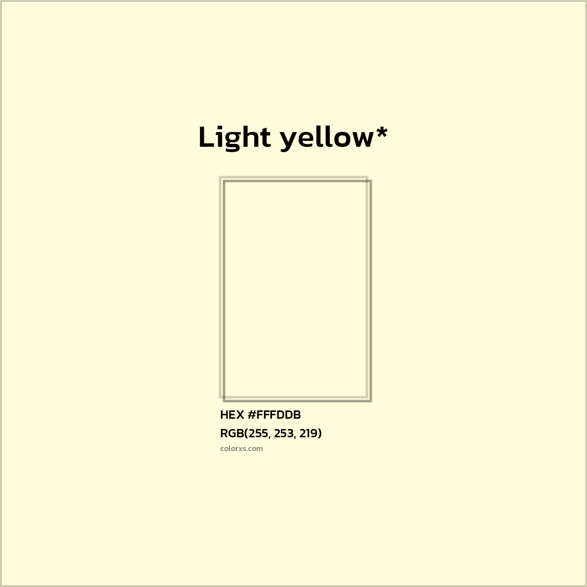 #FFFDDB hex color. RGB, RYB, CMYK, HSL, HSV codes and color conversions. Matching color names, palettes, paints.